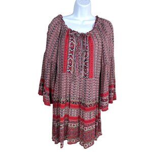 Angie boho Paisley floral print red tunic bell‎ sleeve sz L